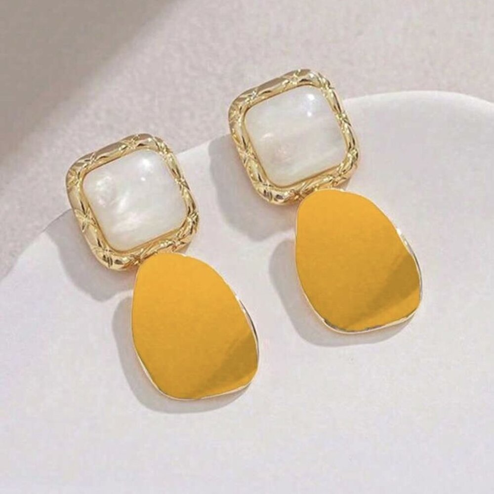 Retro Square Shaped Yellow and White Color Earrings for women